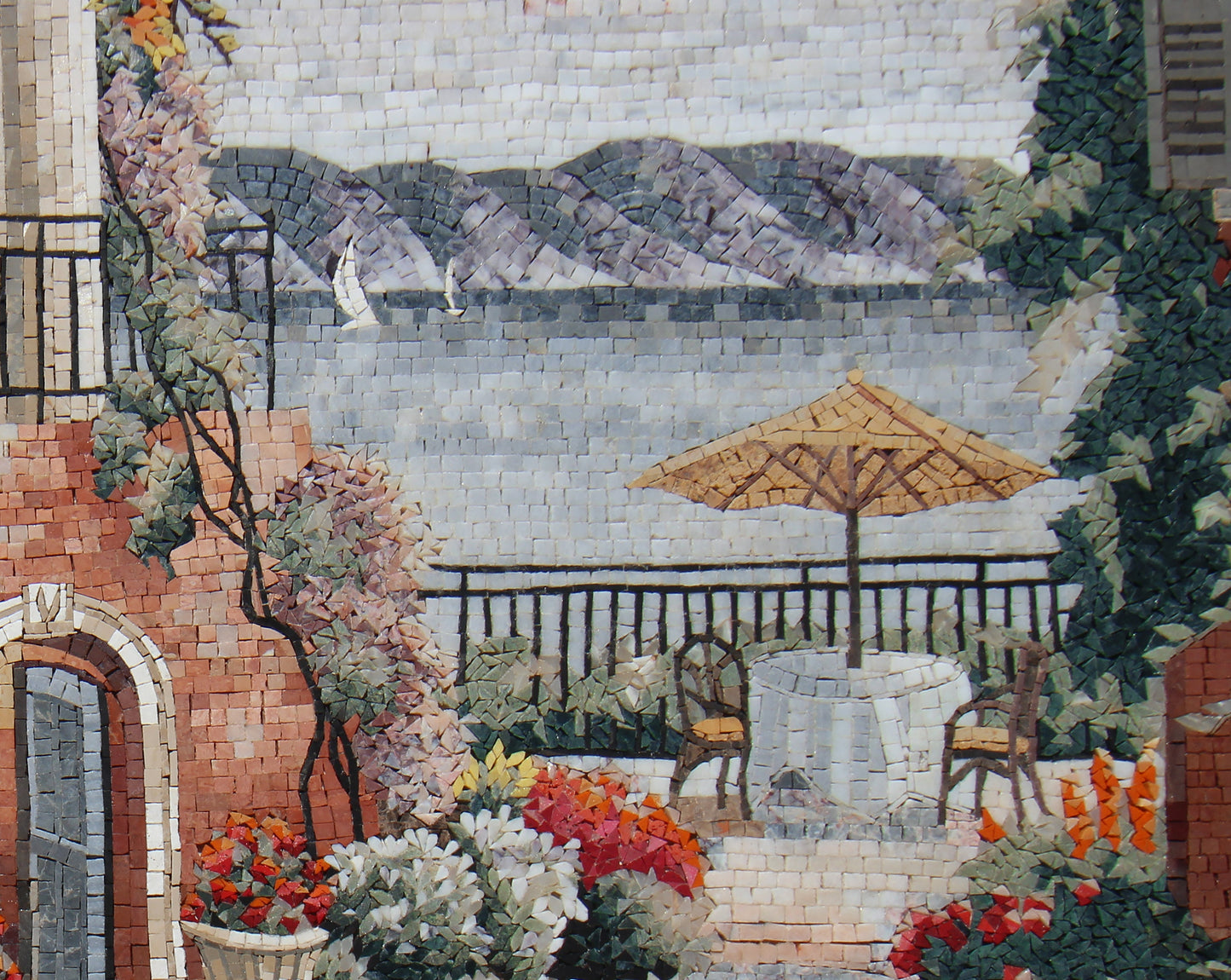 Handmade Seascape Mosaic Tile Art: Vintage Coastal Courtyard (40” x 32”)