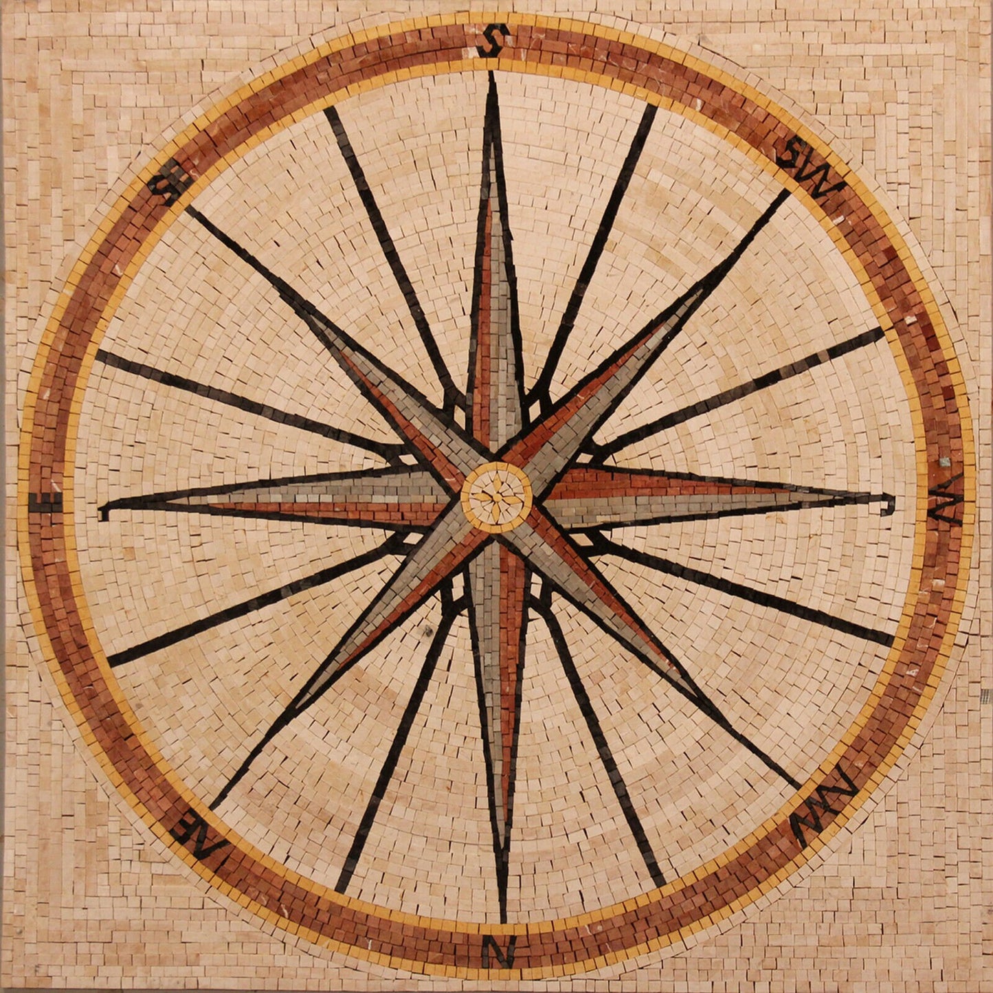 Nautical Compass Rose Mosaic Tile: 36" Marble Floor Art