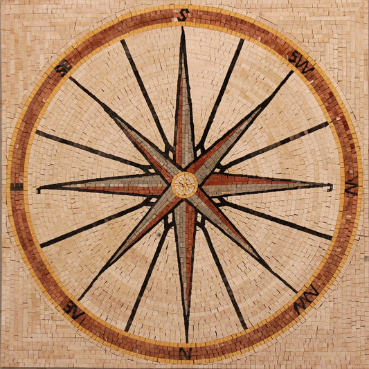Nautical Compass Rose Mosaic Tile: 36" Marble Floor Art