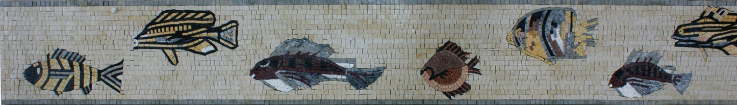 Fish Mosaic Border: Handmade Marble Wall Art (40x8”)