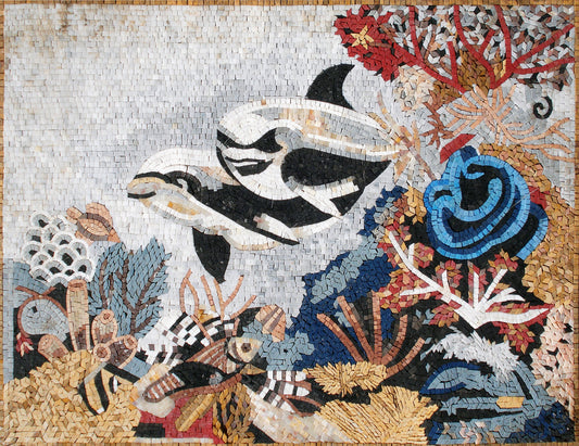 Handmade Dolphin Mosaic Backsplash: Sea Animal Marble Tile Art
