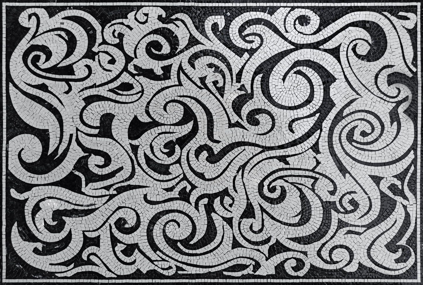 Handmade Waves Pattern Marble Mosaic Rug: Black and White Art
