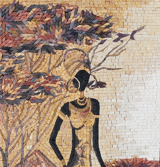 Handmade Farmer Woman Mosaic Tile Art: 32" x 16" Marble Stone