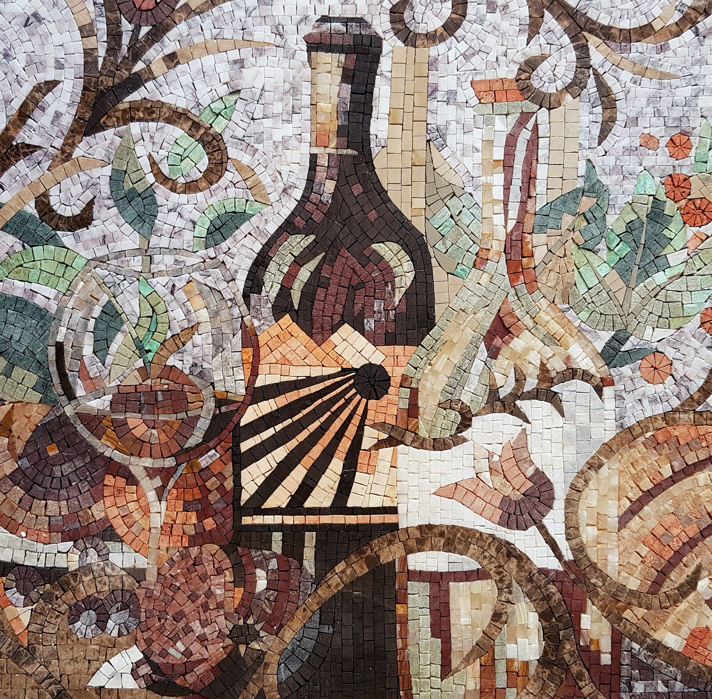 36" x 26" Tuscan Wine Still-Life Mosaic Kitchen Backsplash – Handmade Marble Art - Customization Available