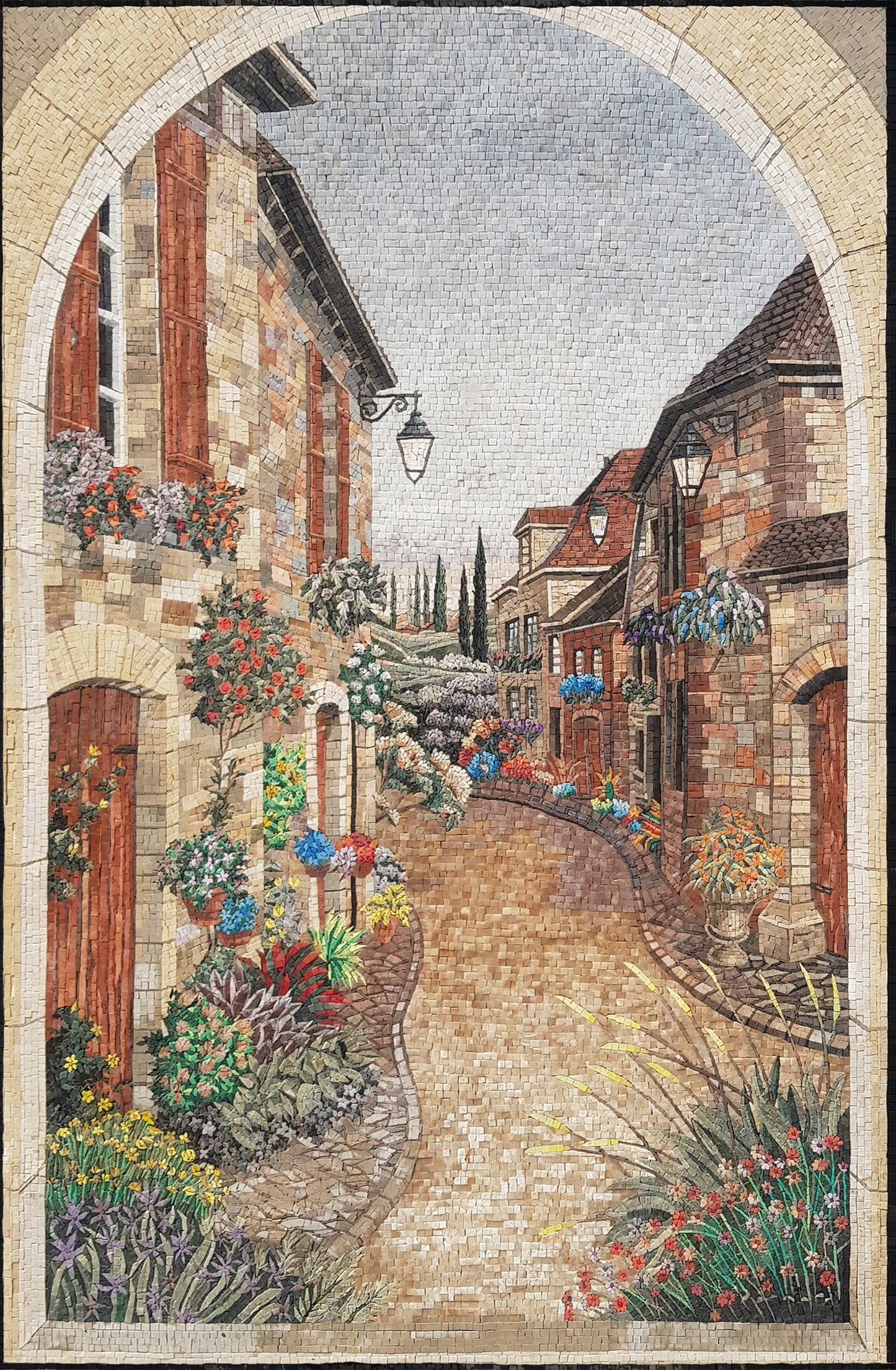 Handmade Marble Mosaic Mural: Botanical European Village Scene