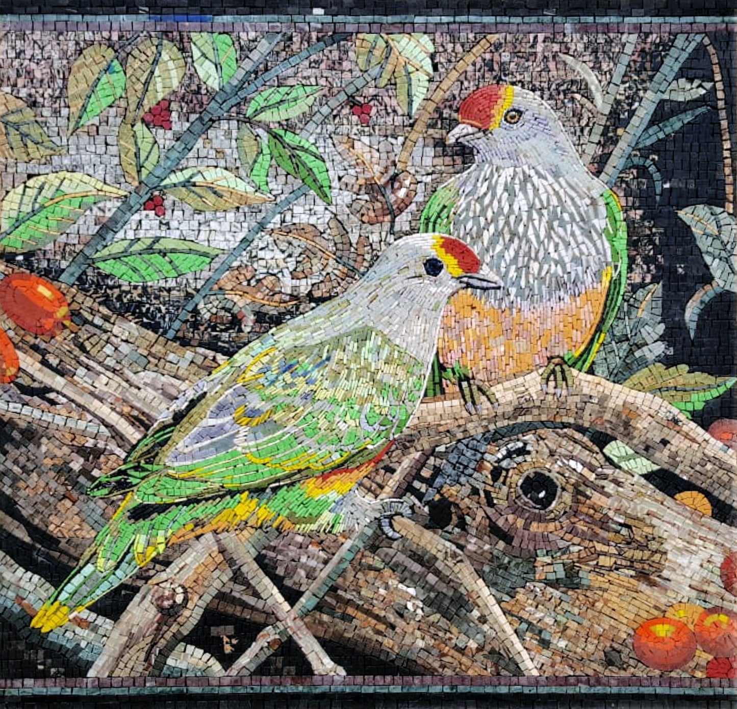 Handmade Bird Mosaic Tile Art: Colorful Marble Tesserae (34x34)