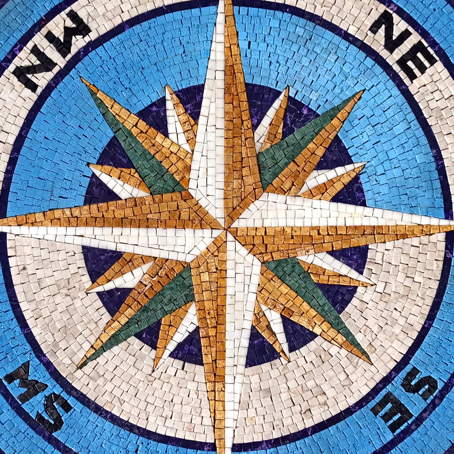 Handmade Windrose Mosaic Tile: Compass Medallion, Indoor/Outdoor Decor (32")