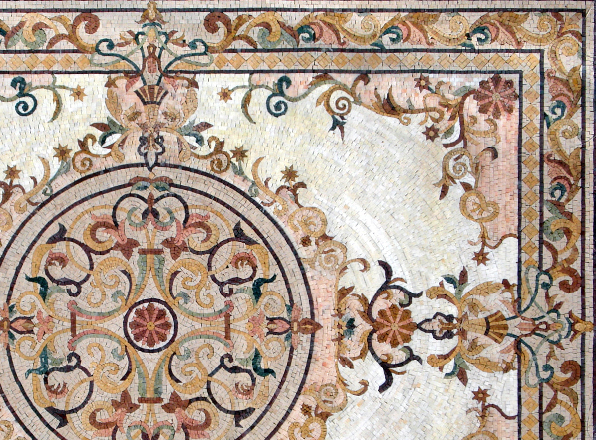 Handmade Marble Mosaic Rug: Floral Medallion, Stone Tile (80” x 60")
