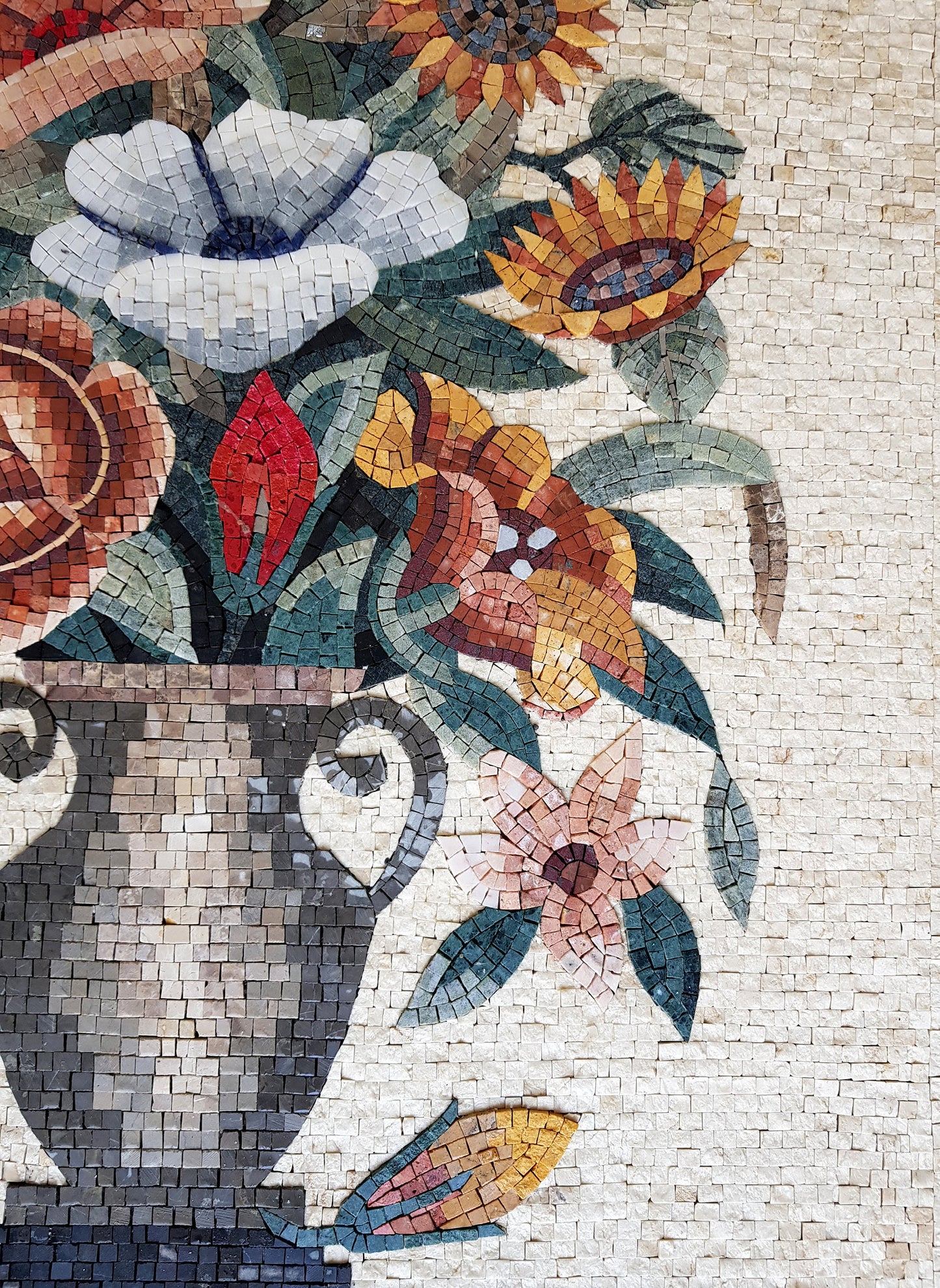 Handmade Floral Mosaic Tile Art: Sunflower & Roses Bouquet