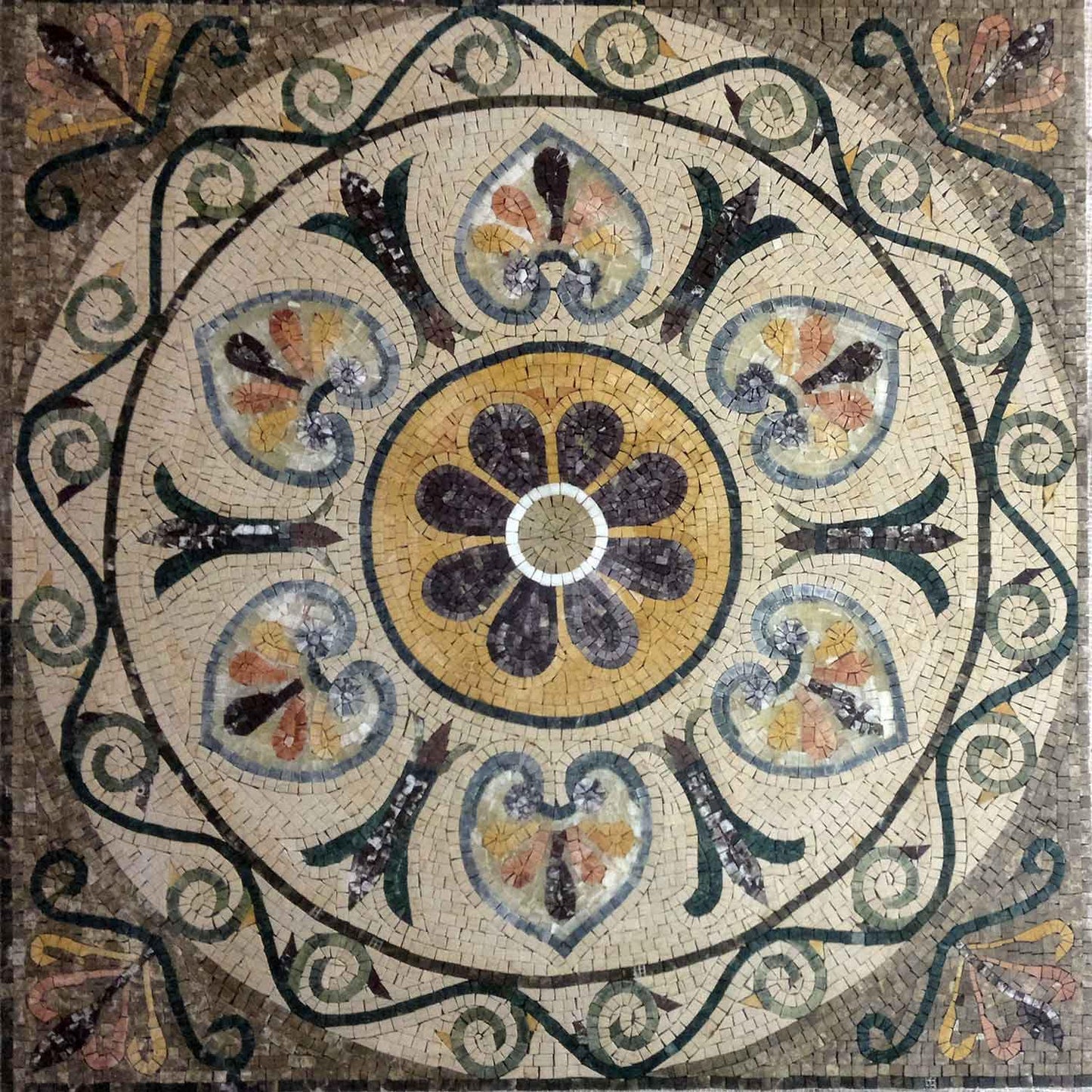 36” Medallion Marble Mosaic Tile: Floral Inlay Artwork