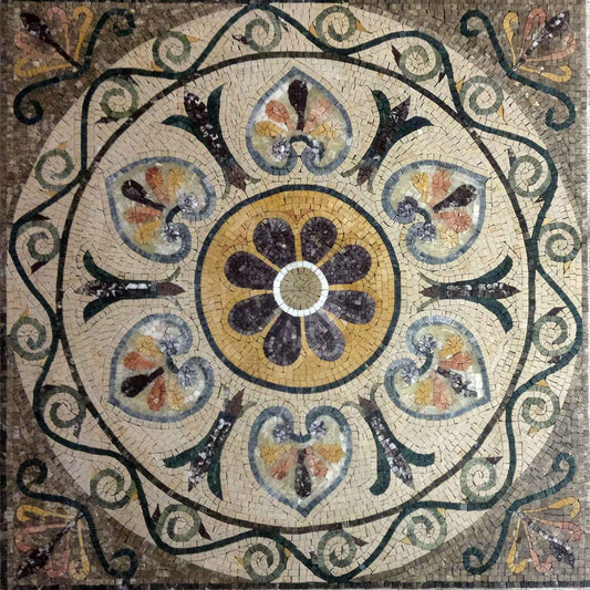 36” Medallion Marble Mosaic Tile: Floral Inlay Artwork