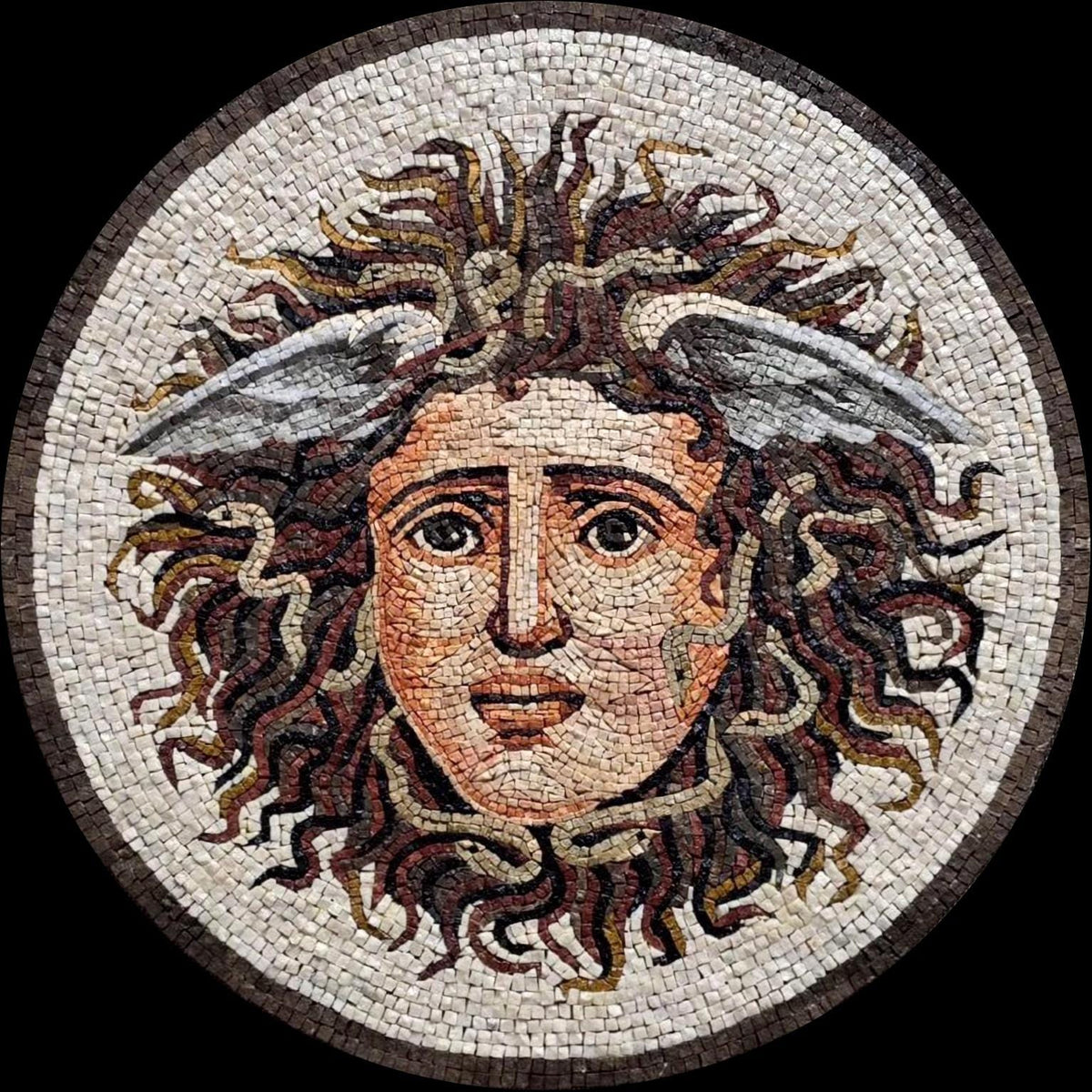 Greek Medusa Mosaic Marble Medallion – Handmade Mythology Wall Art, Round Stone Tile Décor