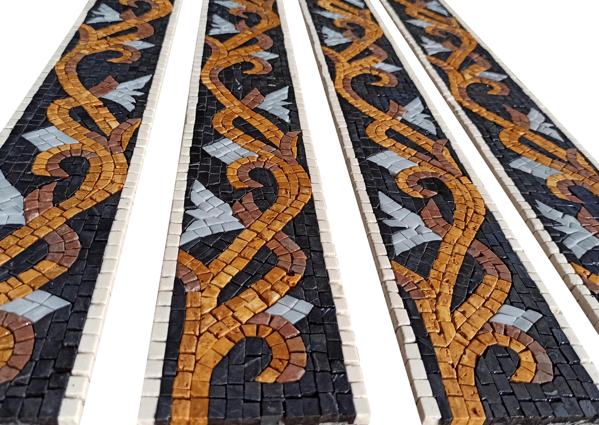 Gold Vine & White Flower Marble Mosaic Tile Border: Handmade Floral Accent Trim