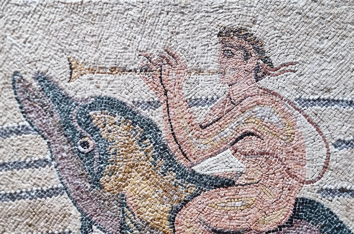 48x32 Man Riding Dolphin Mosaic Wall Art – Mythological Ocean Scene, Nautical Home Decor, Customization available