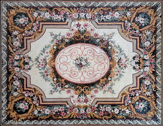 Large Floral Marble Mosaic Rug: Handmade Stone Carpet (104” x 80")