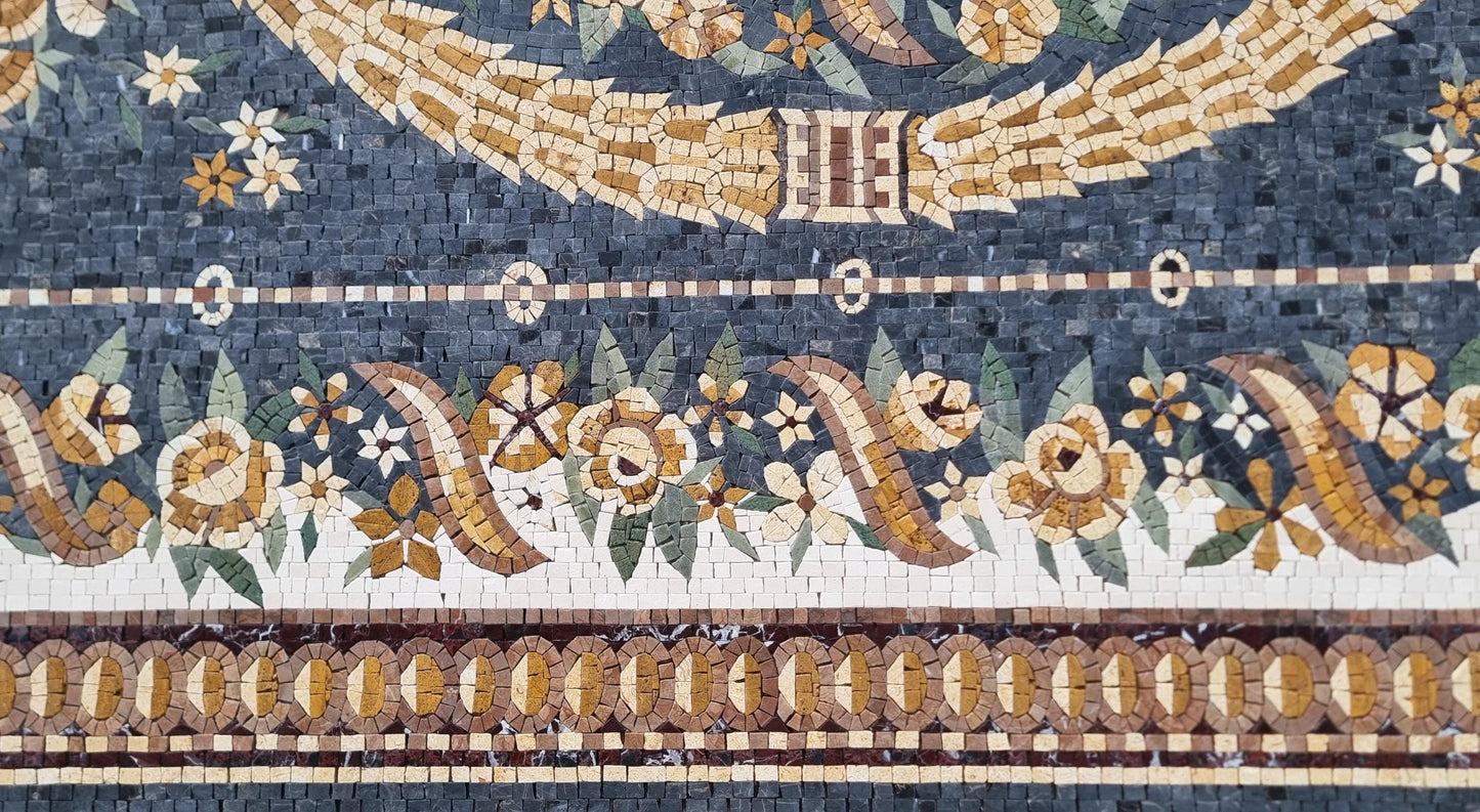 Floral Marble Mosaic Rug: Handmade Geometric Tile Art (80”x 56")