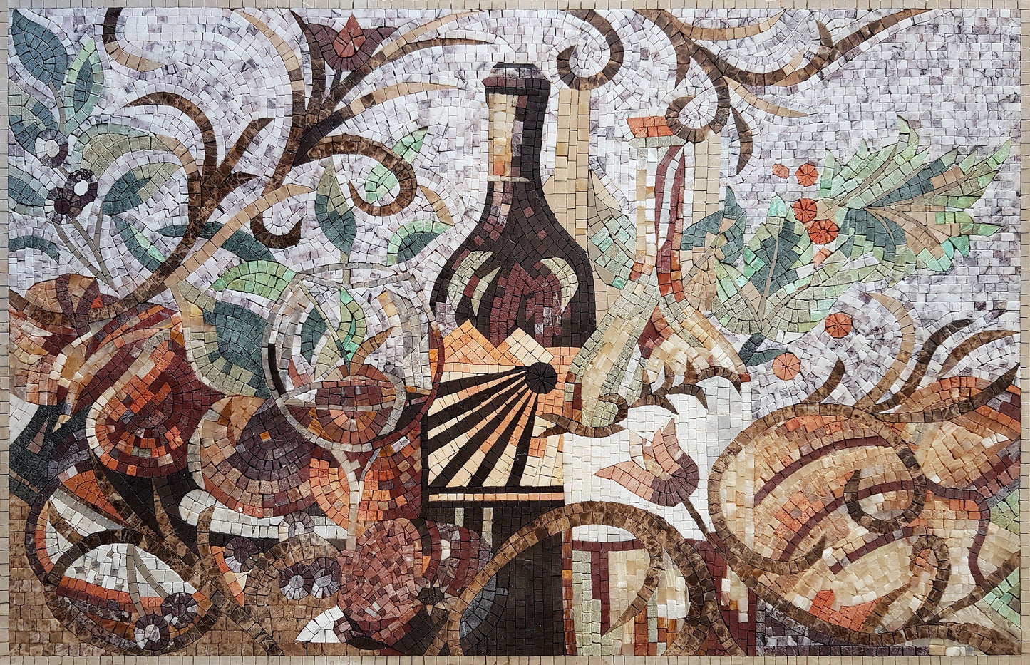 36" x 26" Tuscan Wine Still-Life Mosaic Kitchen Backsplash – Handmade Marble Art - Customization Available