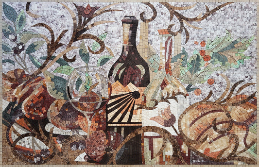 36" x 26" Tuscan Wine Still-Life Mosaic Kitchen Backsplash – Handmade Marble Art - Customization Available