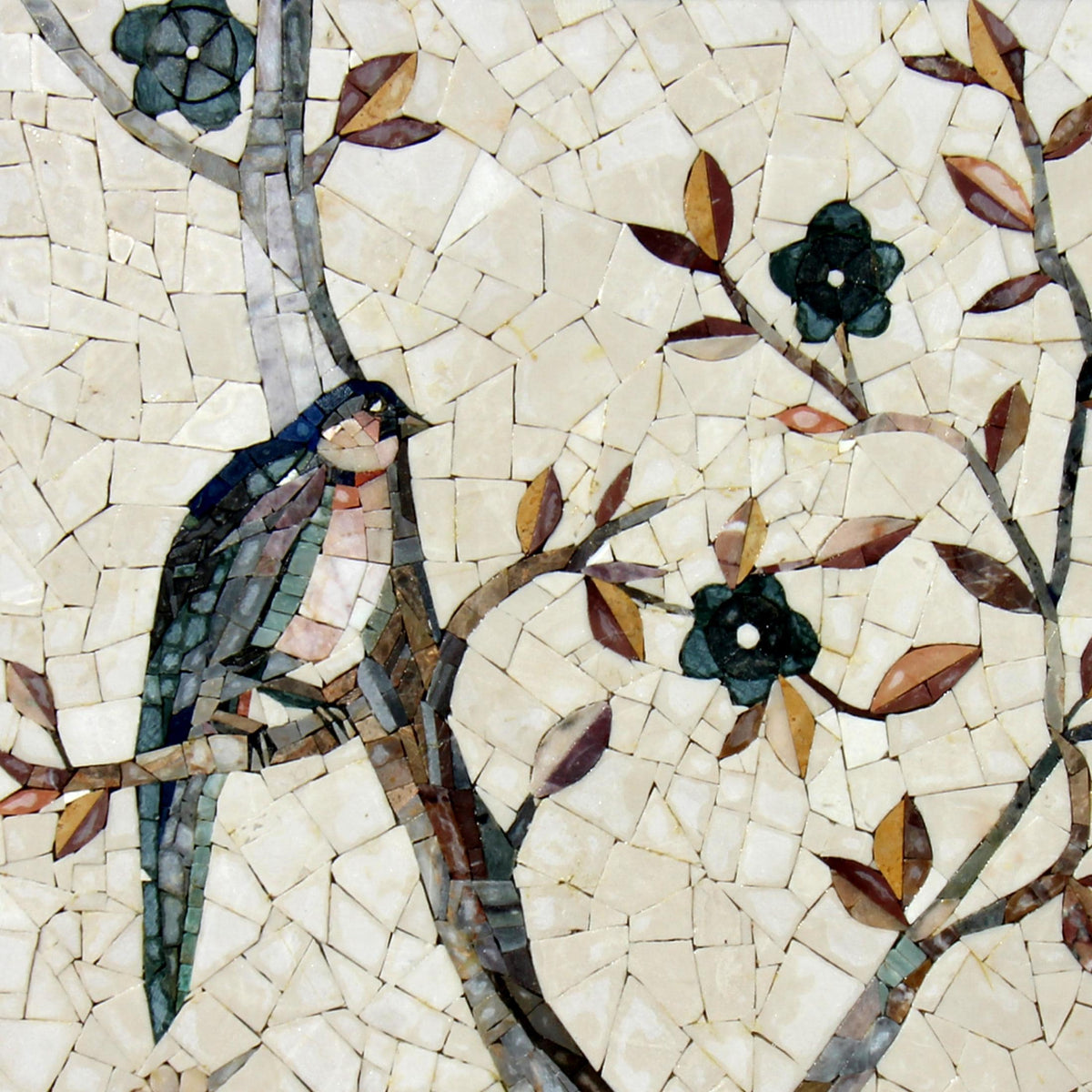 Custom Bird on Tree Mosaic Wall Art – Handmade Marble Tile Medallion, Nature-Inspired Decor