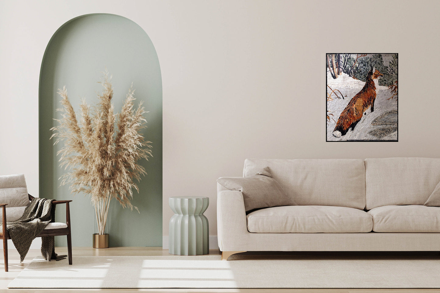 Handmade Fox Mosaic Tile Art: Snowy Wildlife Decor (40x32")