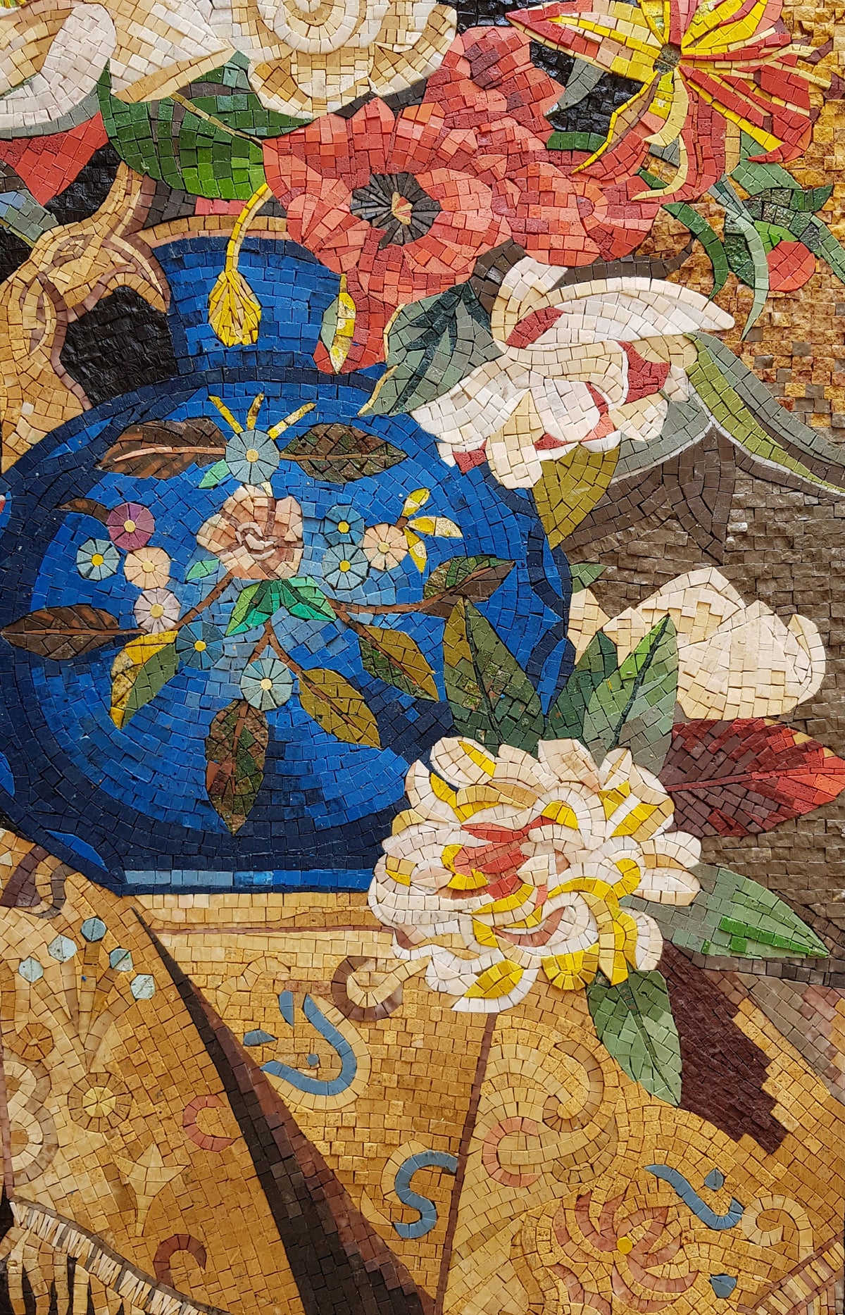Flower Bouquet Mosaic Art: Roses in Blue Vase, Marble Interior Decor