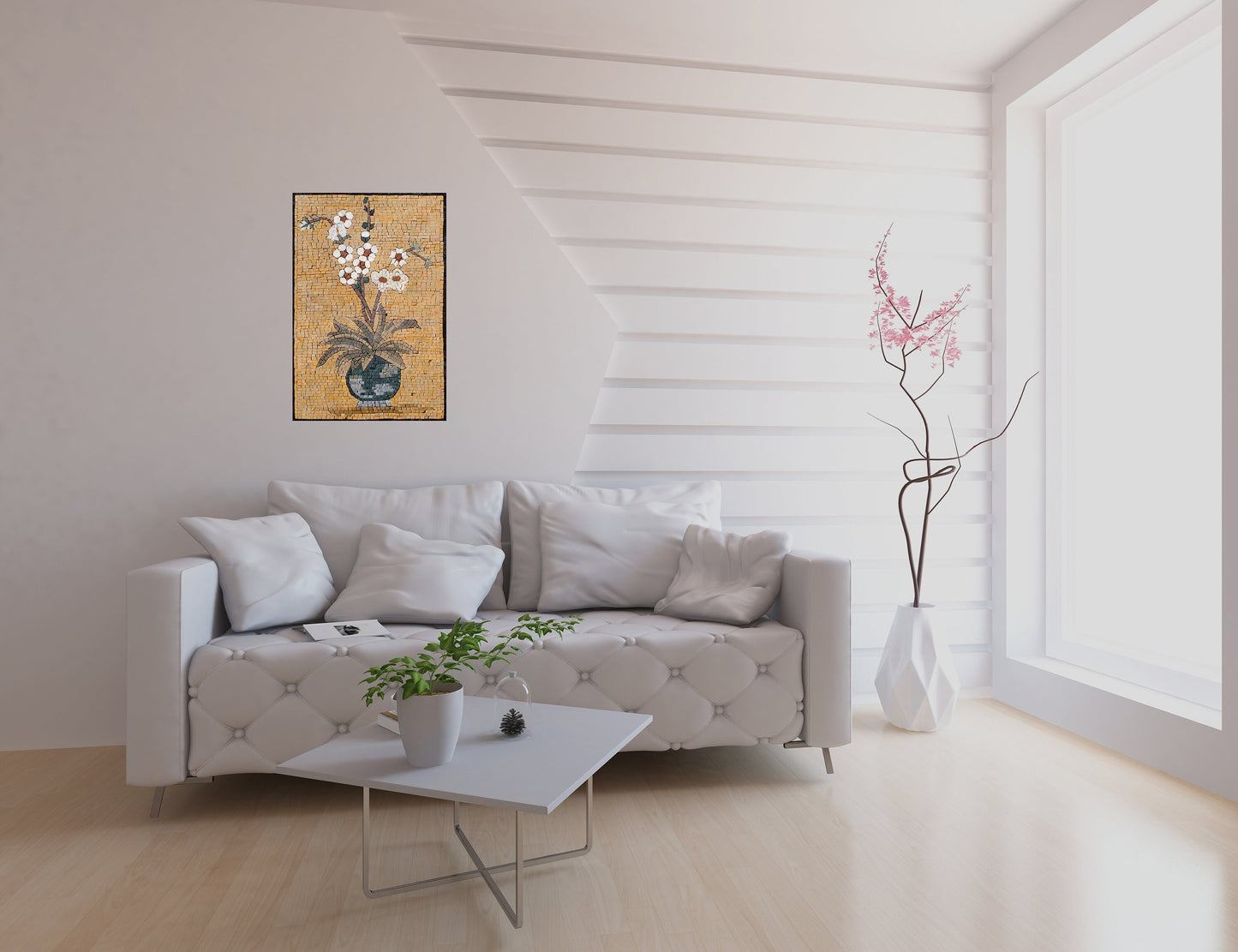 Handmade Daisy Mosaic Wall Art: Floral Stone Vase Decor