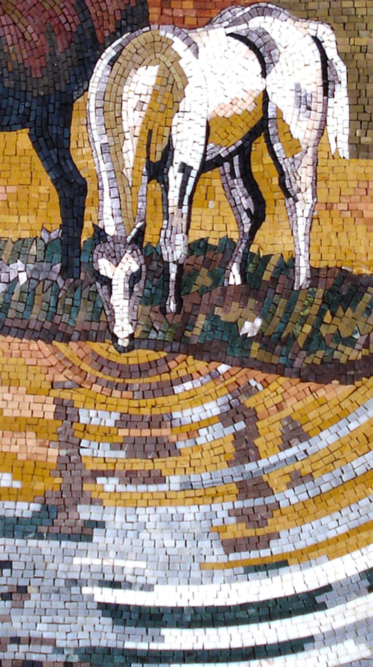 Handmade Horse Mosaic Art: Drinking Horses Stone Mural (52" x 28")