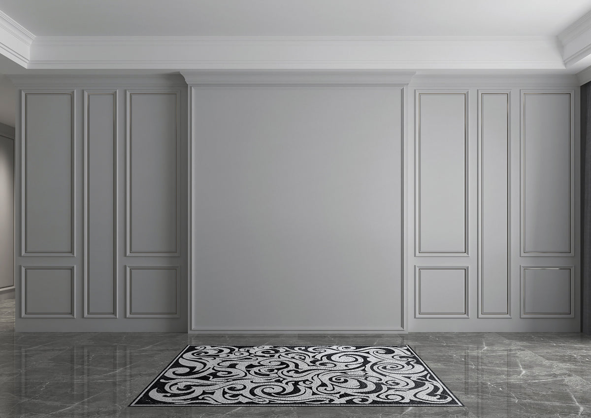 Handmade Waves Pattern Marble Mosaic Rug: Black and White Art