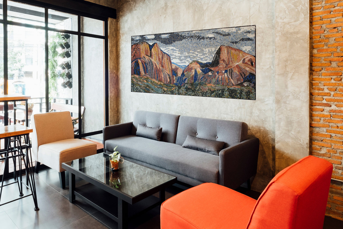 Handmade Mountain Mosaic Tile Art: Stone & Marble Wall Decor (58” x 34”)