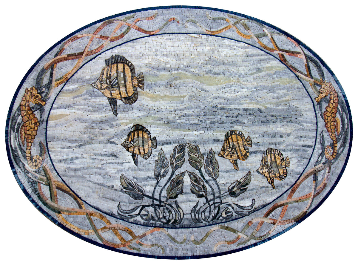 SEALIFE MOSAIC TILES | Ocean Life Murals For House Warming | Seahorse And Fish Artwork Tiles For Interior Rooms Wall Decor