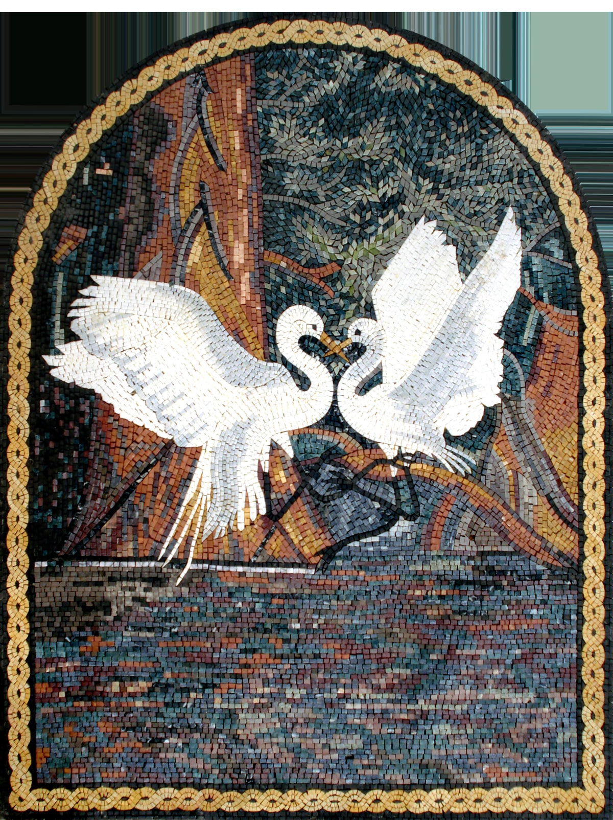 Sparring Cranes Mosaic Tile Art: Handmade Marble Wall Decor (50” x 40")