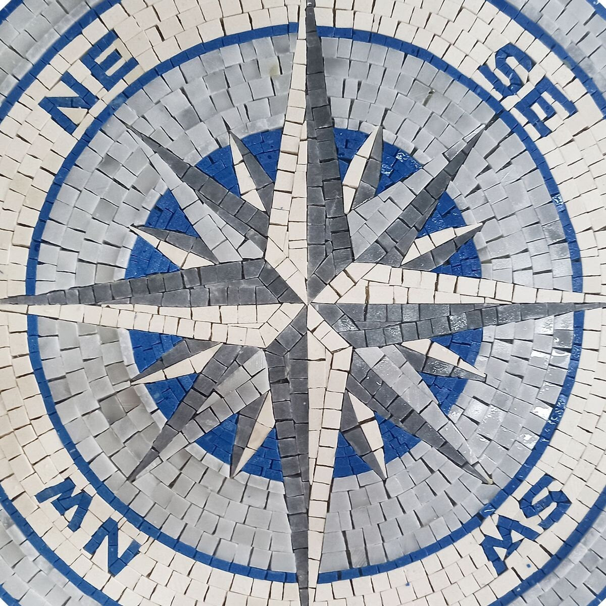Coastal Serenity - Mosaic Medallion - Blue and Gray Compass Rose Design Art - Customization available