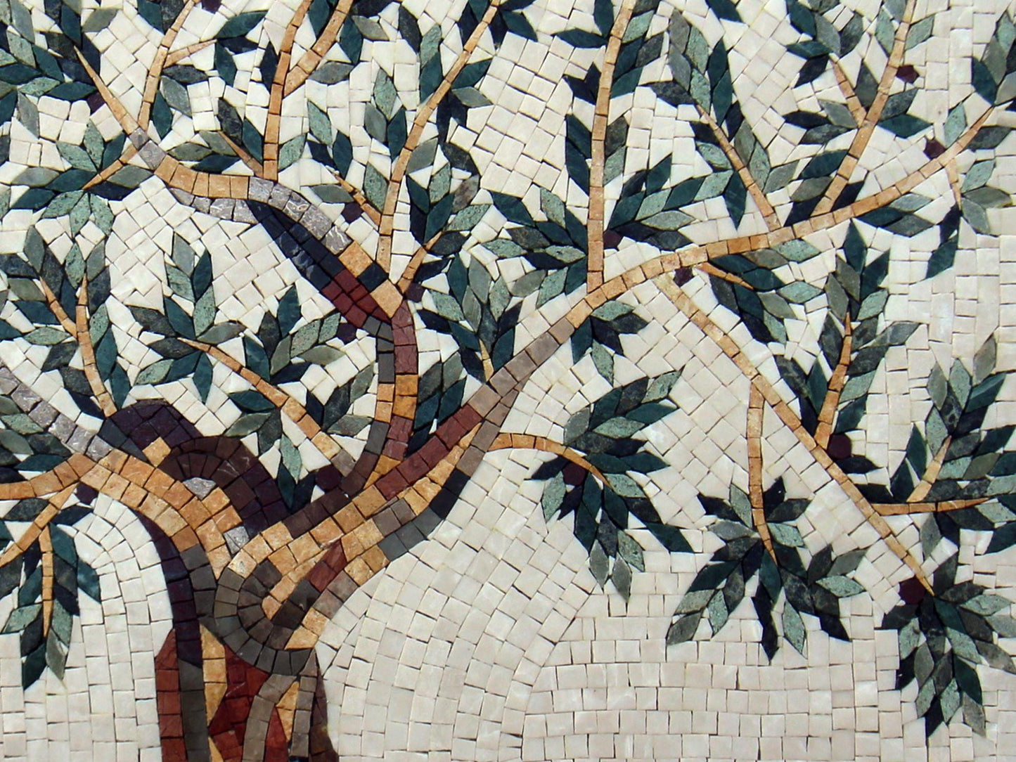Olive Tree Mosaic Art Tile: Handmade Roman Medallion (32” x 24”)