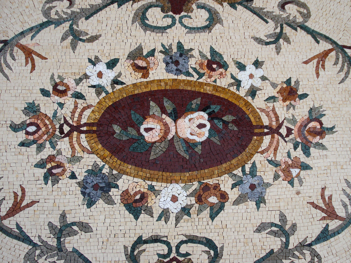 Handmade Natural Stone Rug: Floral Mosaic Art Tile (80” x 48")