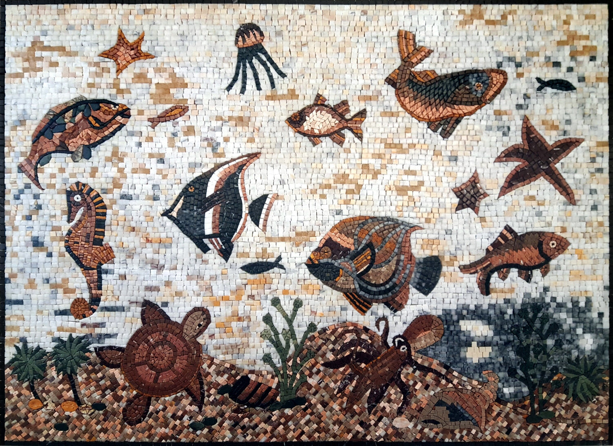 Handmade Coral Fish Mosaic Tile: Marine Life Backsplash (50” x 36")