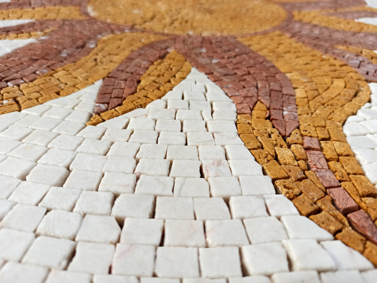 Radiant Bloom - 32-Inch Handmade Sunflower Decorative Medallion - Marble Mosaic Art Tile Decor - Customization available