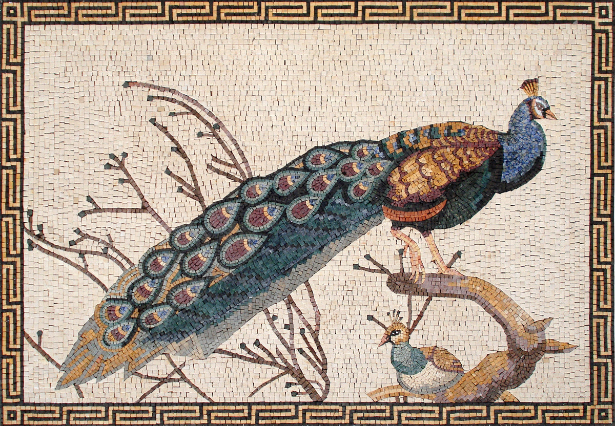Handmade Peacock Mosaic Tile Art: Stone Backsplash (52” x 36")