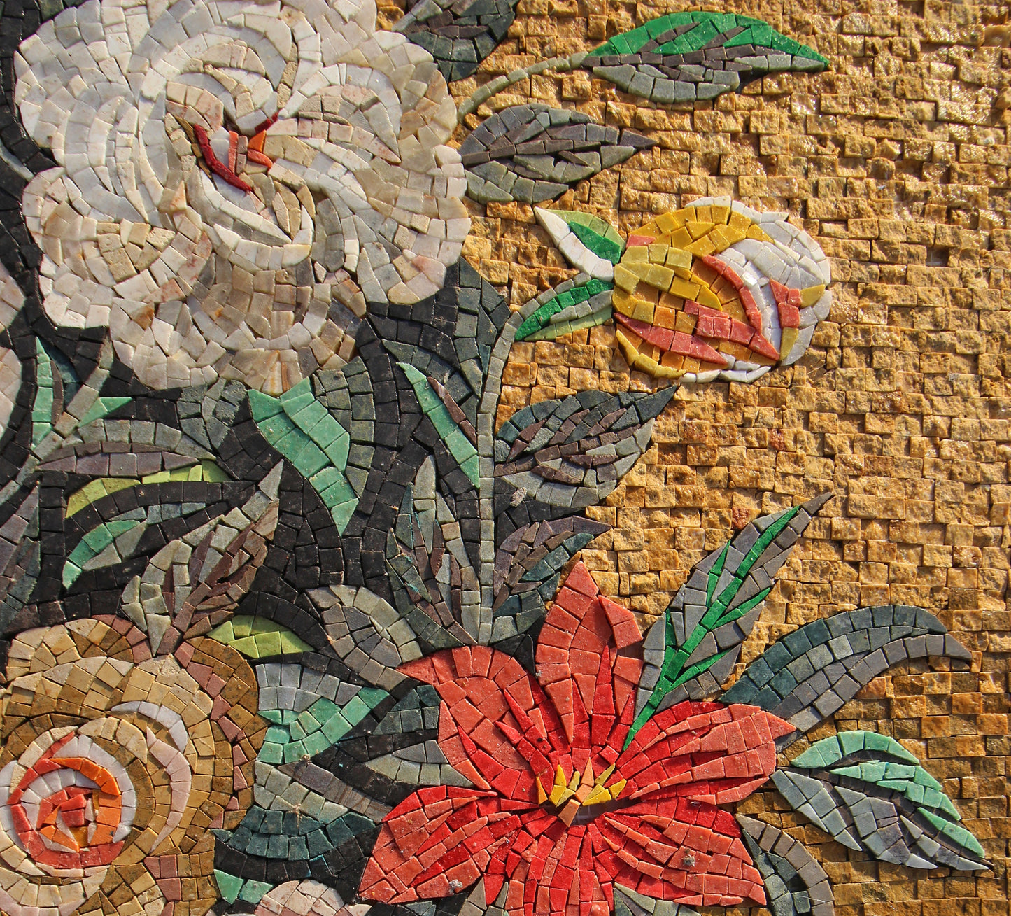 Handmade Floral Mosaic Mural: Blooming Flowers in Ceramic Vase