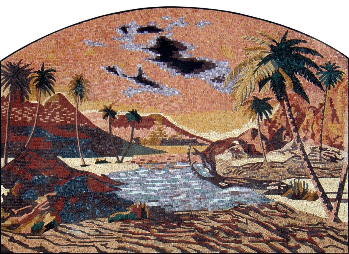 Handmade Palm Tree Mosaic Tile Art: Desert Lake Landscape