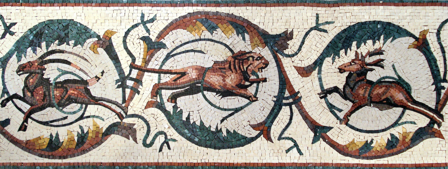 Lion Attacking Deer Mosaic Tile Border - 40x12" Animal Art