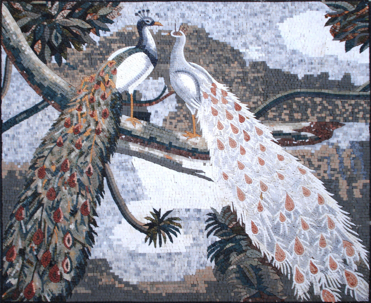 Handmade Peacock Mosaic Backsplash: Marble & Stone Animal Artwork (44” x 36")