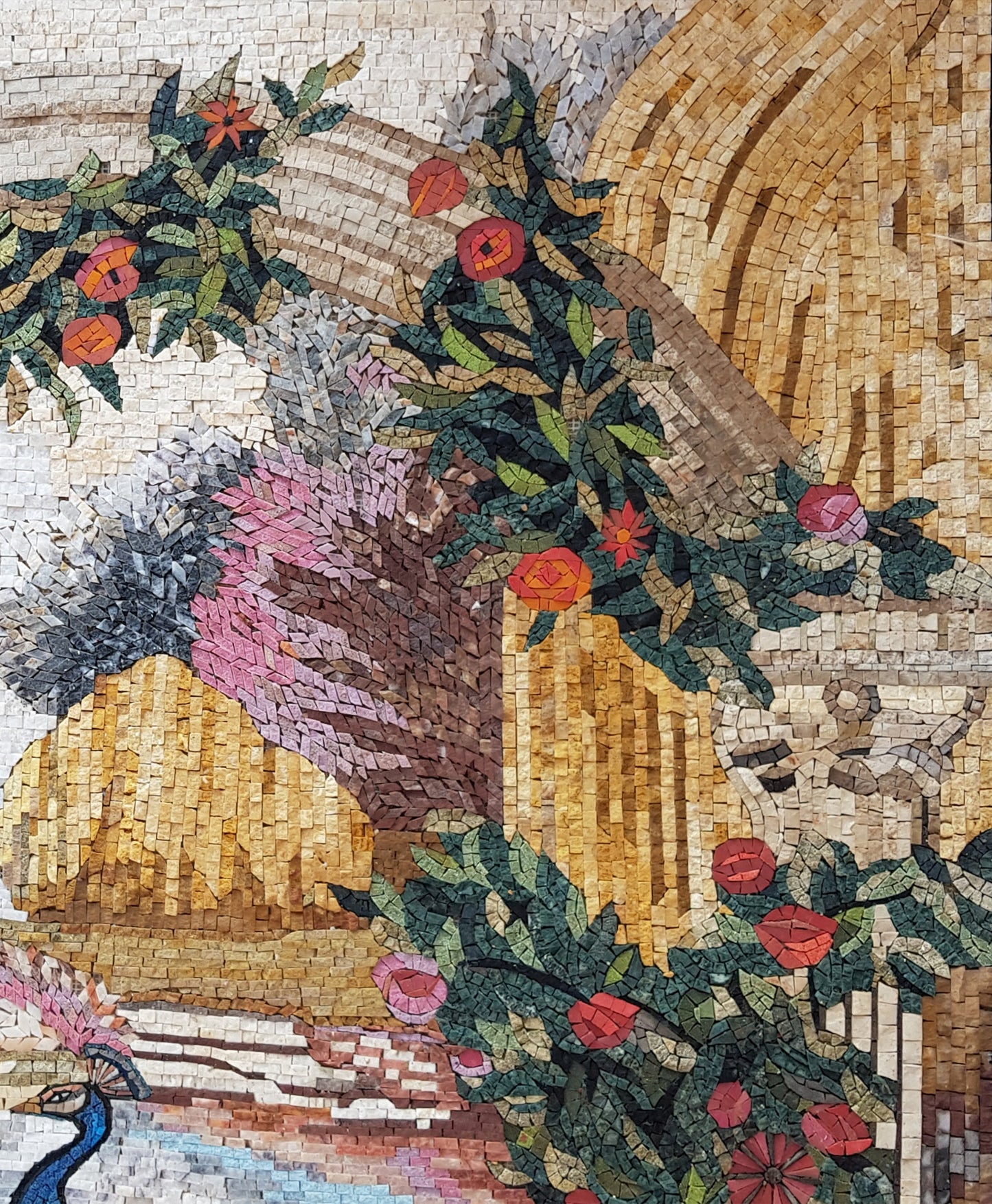 Peacock Mosaic Tile Art: Handmade Stone Wall Decor (56” x 40")
