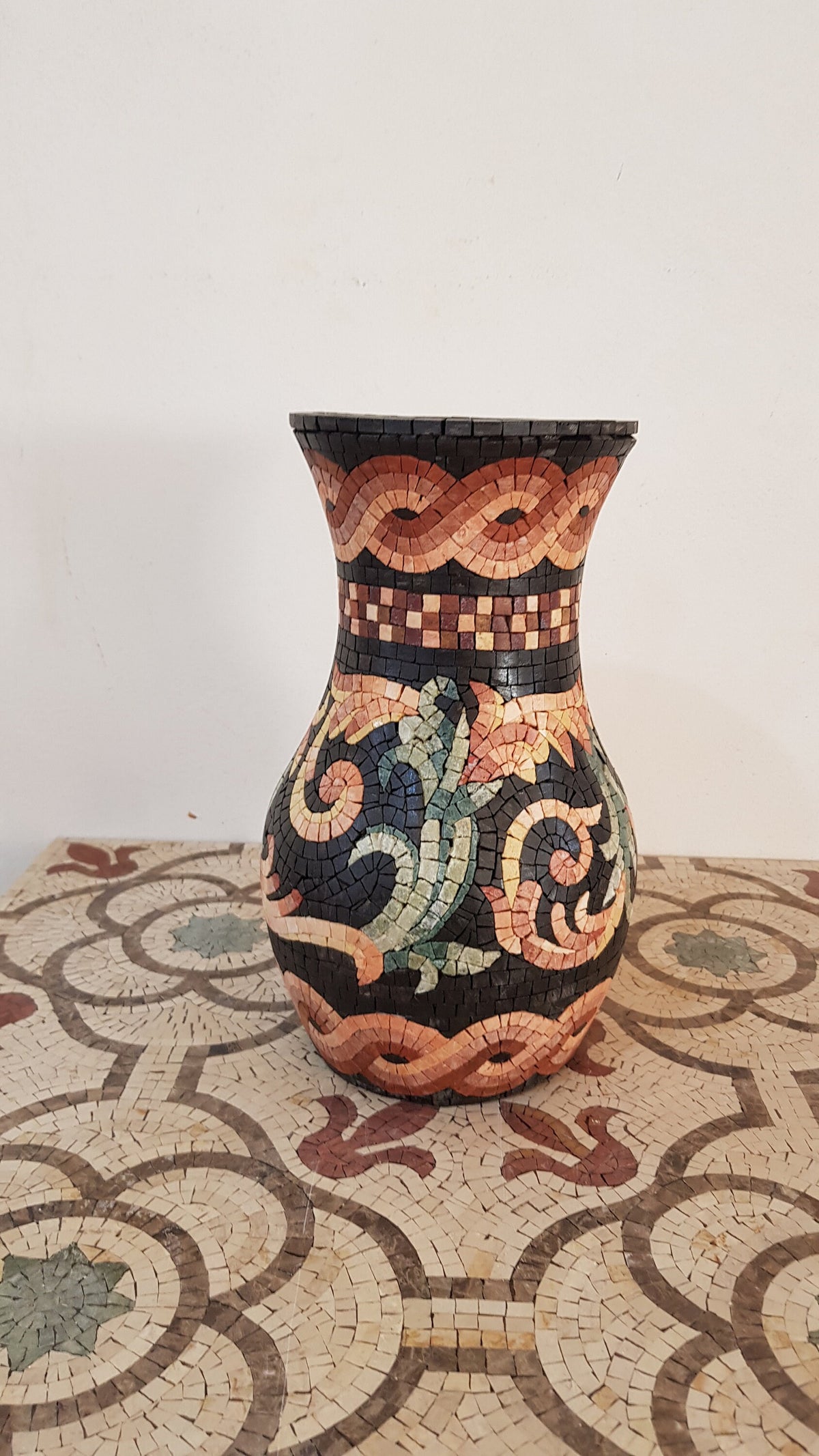 Handmade Black Mosaic Vase: Round Marble Stone Art, 16"