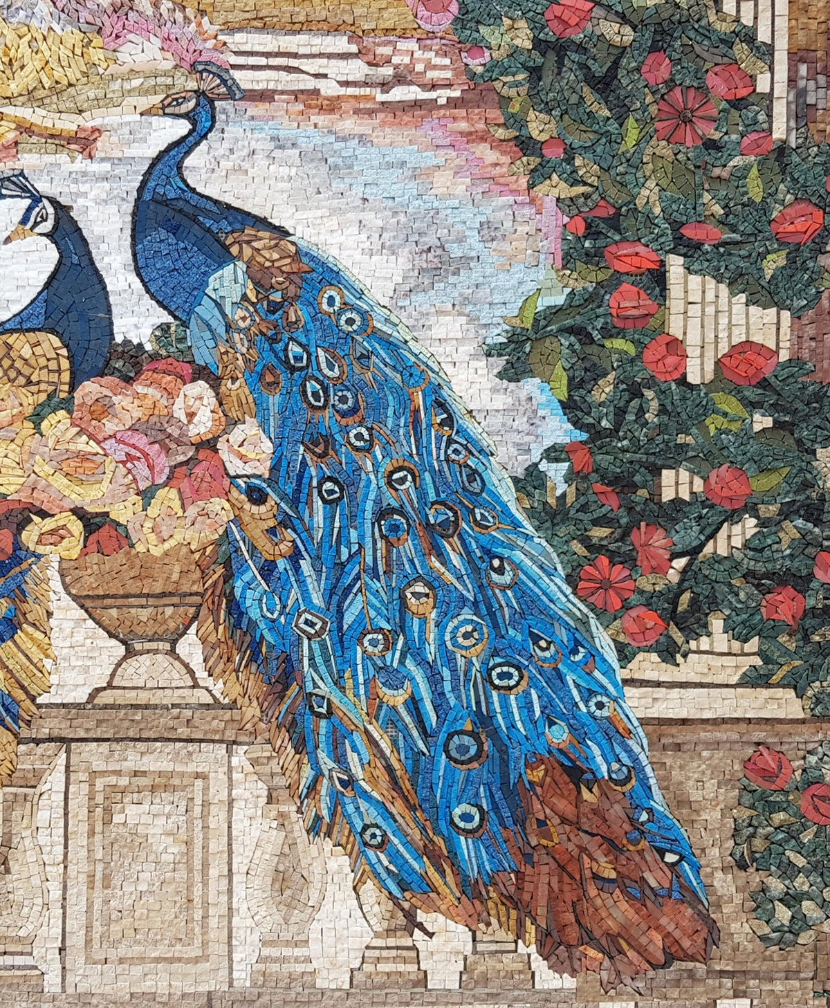 Handmade Peacock Mosaic Tile Art: Botanical Floral Wall Decor (56” x 40")