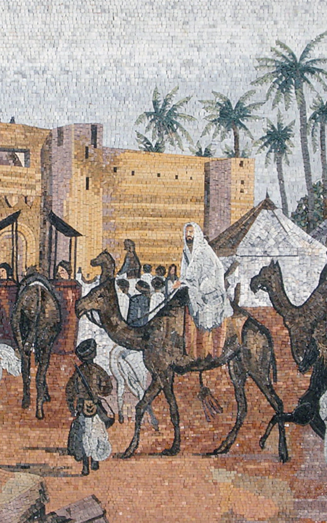 Handmade Arabian Desert Mosaic Tile Art: Castle Courtyard Scene (80” x 48”)