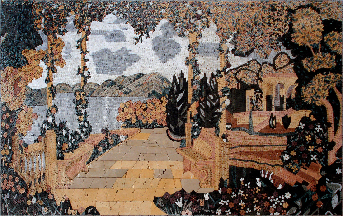 Handmade Seascape Marble Mosaic Tile: Floral Beach View Wall Art