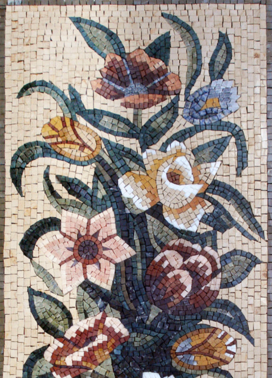 Handmade Marble Mosaic: Floral Vase Wall Art (44" x 16")