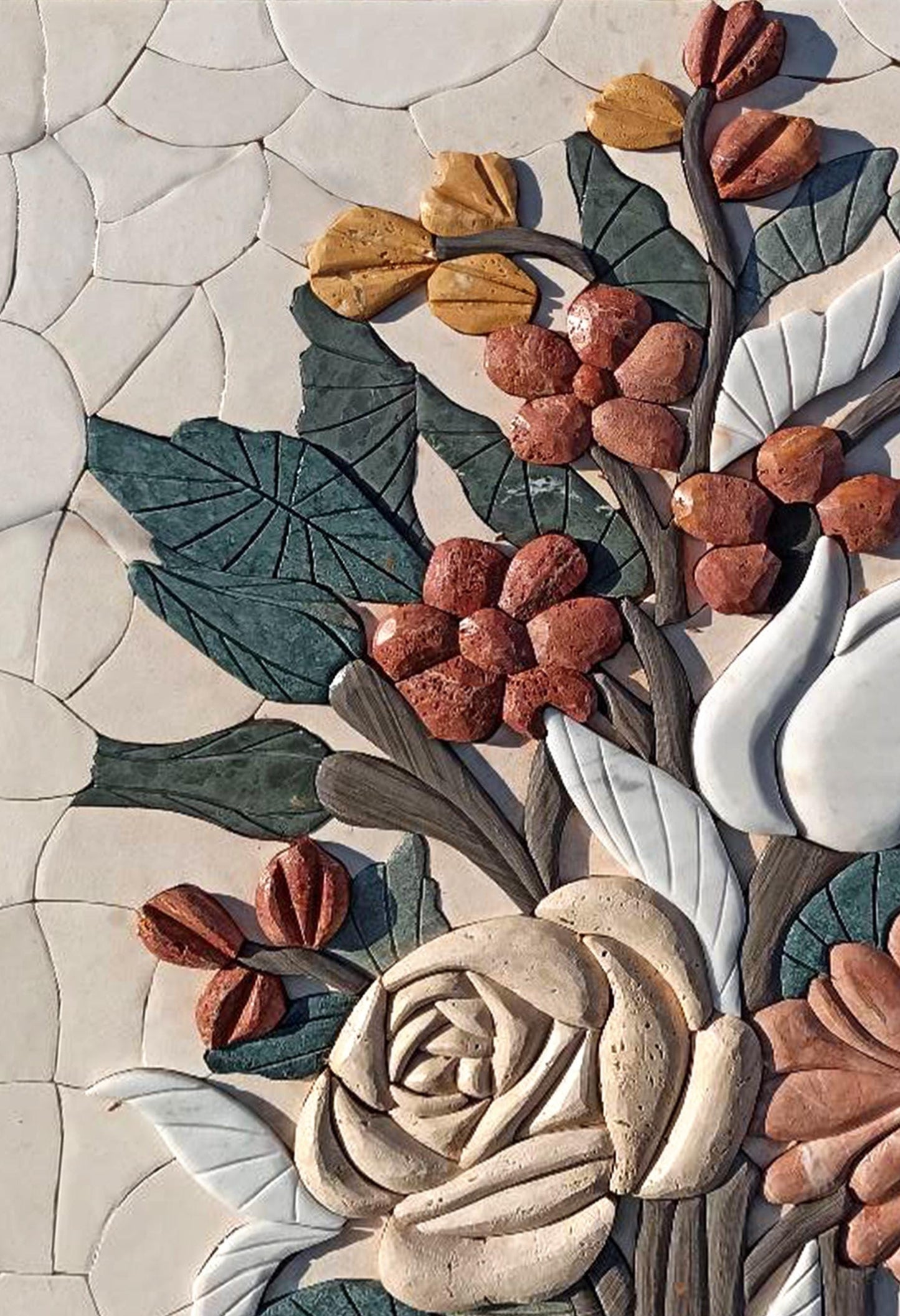 16"x24" Embossed Multicolored Flower Mosaic – Handmade Marble Tile Wall Art, Customization available