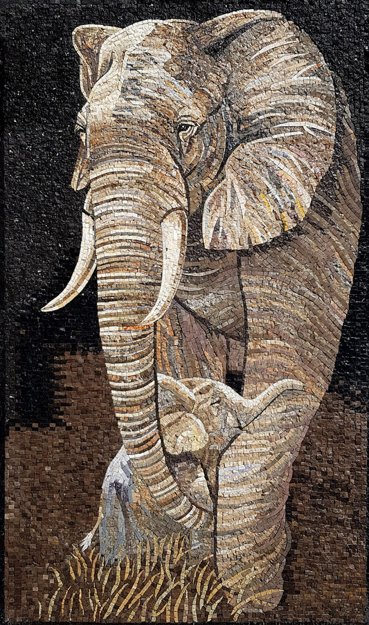 Handmade Elephant and Baby Marble Mosaic Tile Art (40x24 in)
