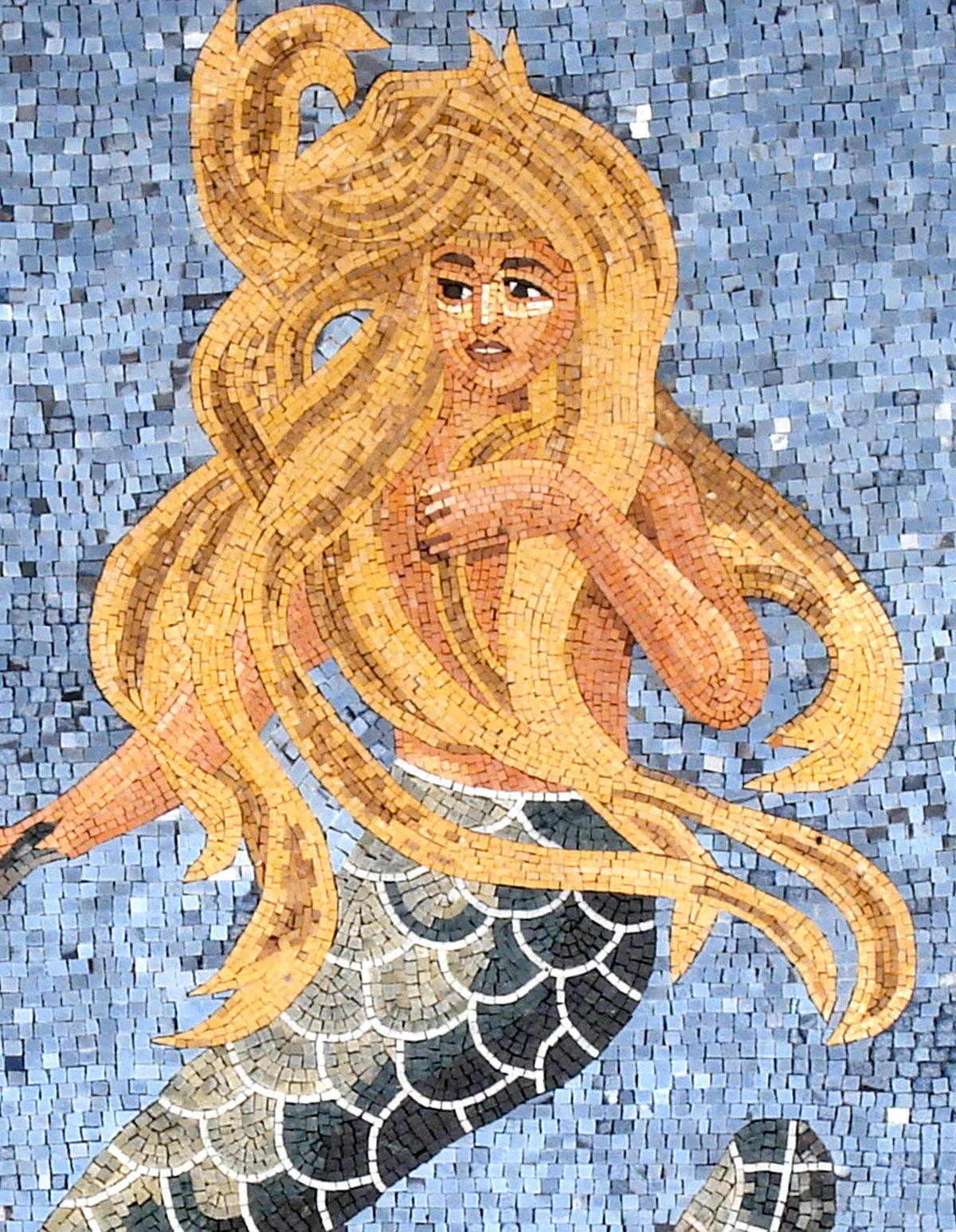 Handmade Mermaid Mosaic Mural: Marble Stone Tile Art (52” x 40”)
